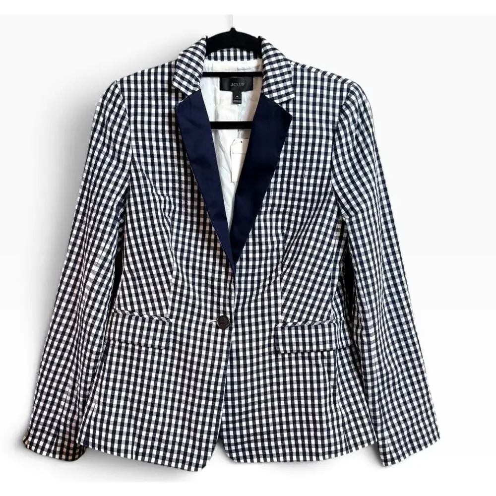 J.Crew Blazer Size 4 NWT Navy White Gingham Check Cotton Contrast Lapel Jacket